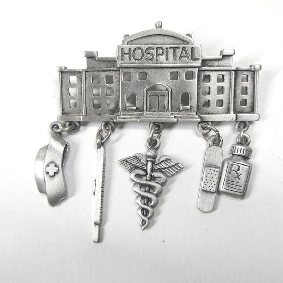 JJ Hospital Pin Pewter Doctor Nurse Medical Dangle Charms Vintage Jonette - Picture 1 of 8